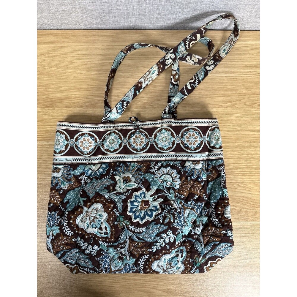 Vera Bradley Java Blue Tote Bag Quilted Cotton Purse Brown Teal Paisley Y2K